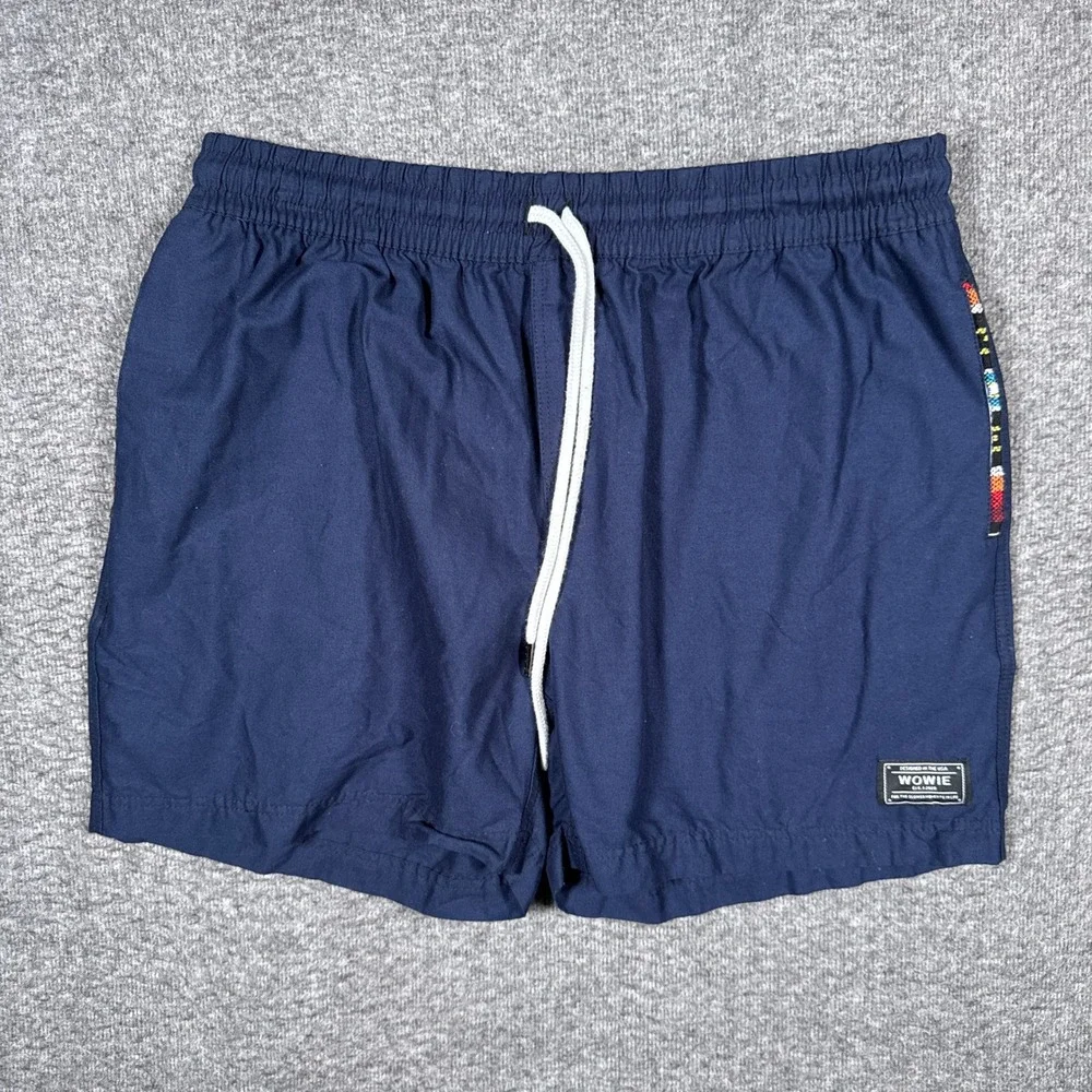 Wowie Shorts Mens Large Navy Blue Elastic Waist Drawstring Woven Aztec Trim 5